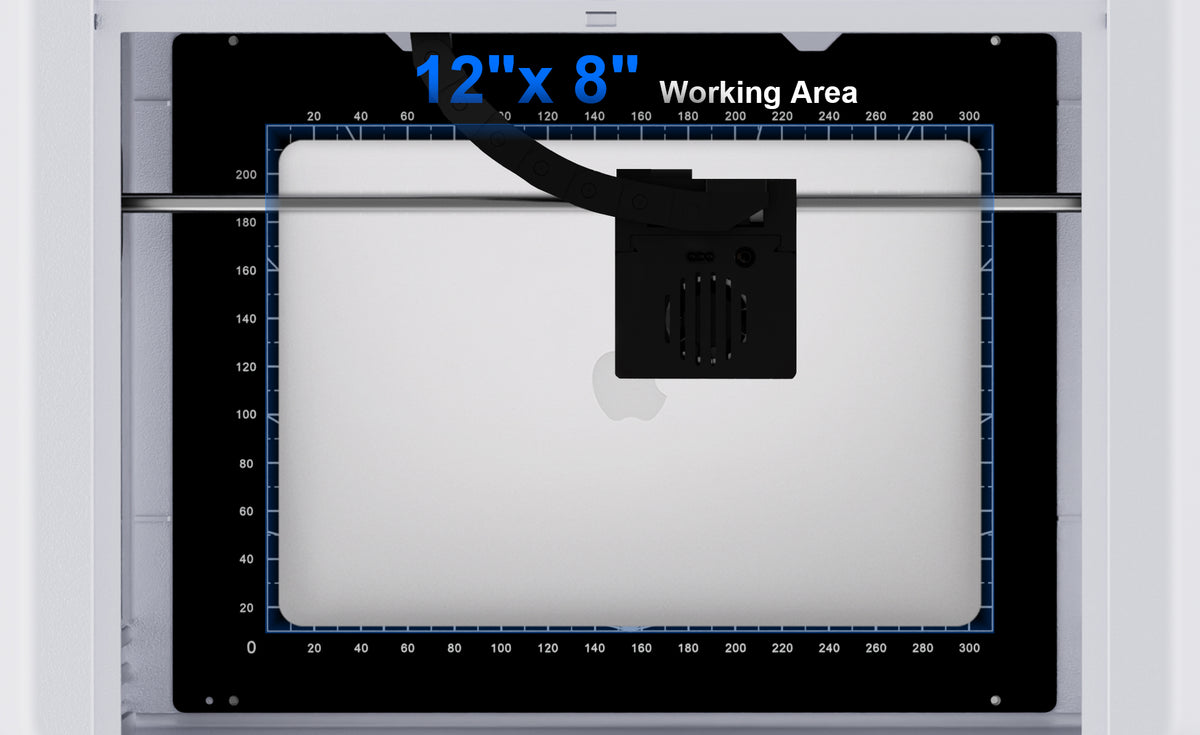 This product features a working area of 12'' x 8'', catering to personalized and small-batch production needs. You can create high-value customized products or produce small-batch custom items, significantly boosting efficiency and reducing material waste. It comprehensively enhances your production capacity, output, and profitability.